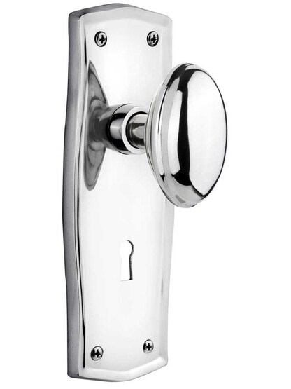 Prairie Design Mortise Lock Set With Oval Brass Knobs in Polished Chrome.